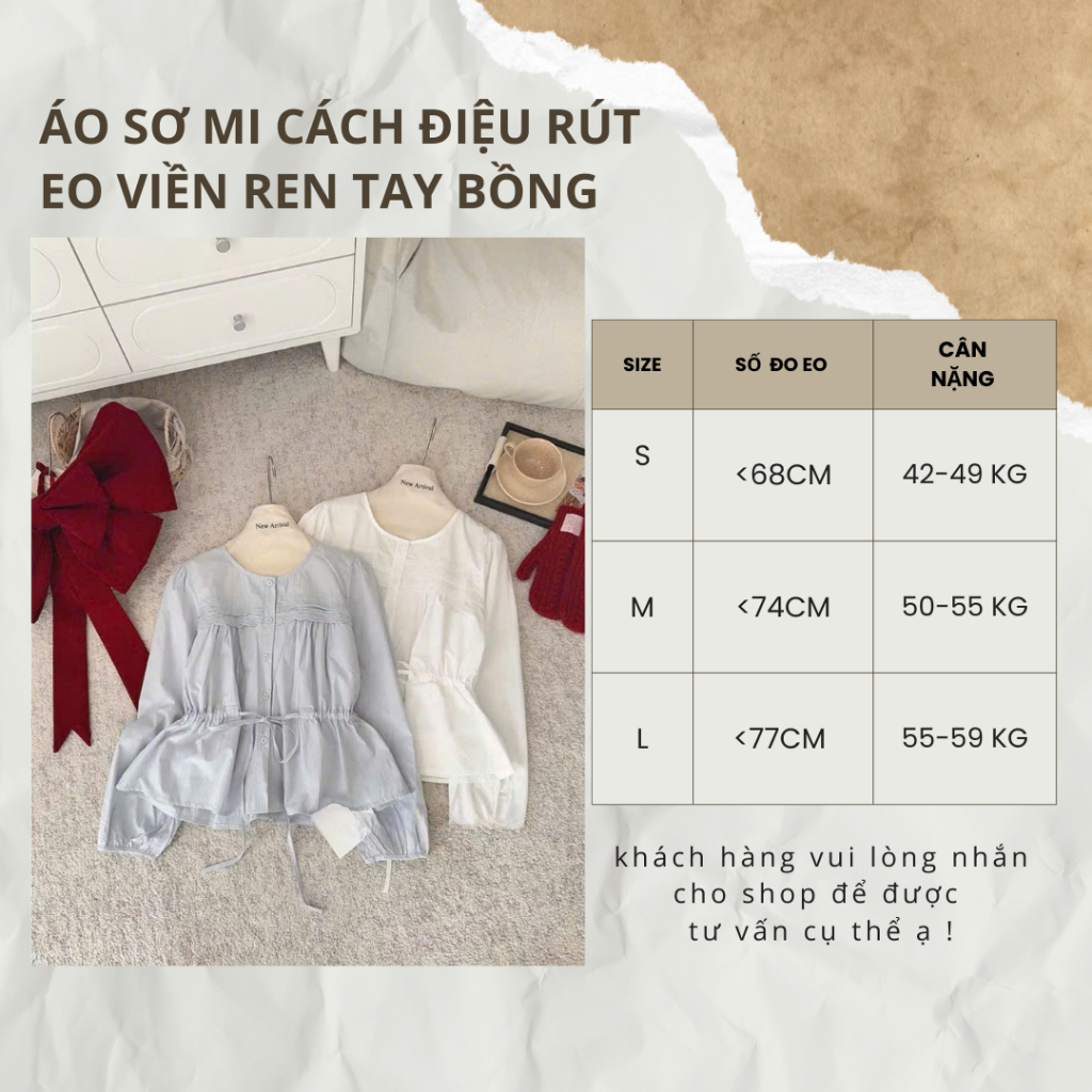 Áo sơ mi cách điệu rút eo viền ren tay bồng xinh xắn hai màu trắng, xanh - ST Design - 57