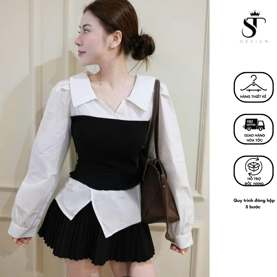 Áo sơ mi Thô Hàn phối corset liền eo vạt chéo thanh lịch - ST Design - 59