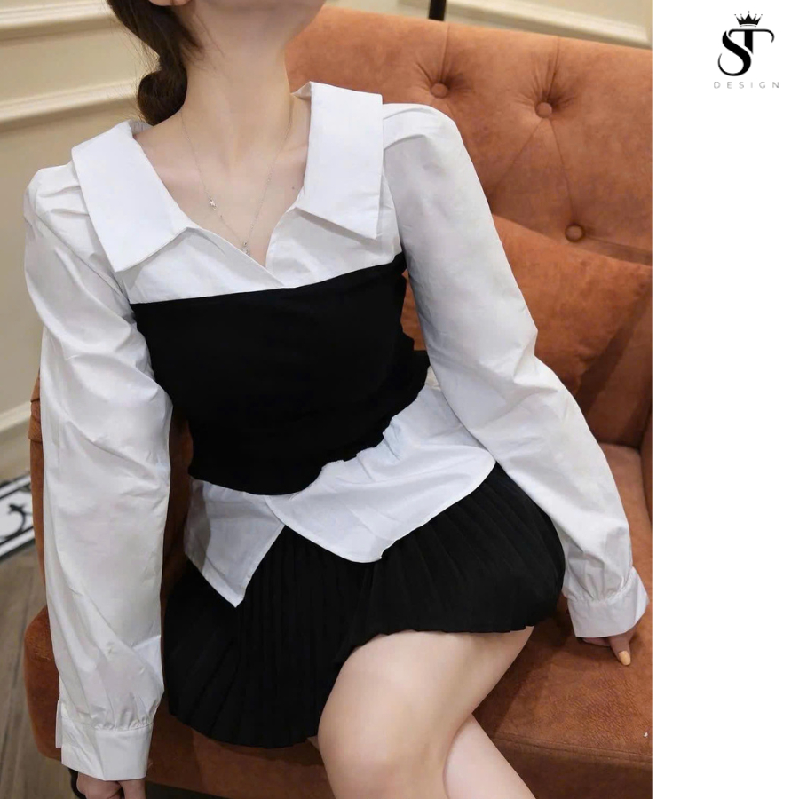 Áo sơ mi Thô Hàn phối corset liền eo vạt chéo thanh lịch - ST Design - 59