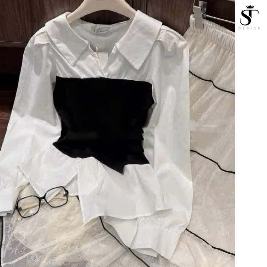 Áo sơ mi Thô Hàn phối corset liền eo vạt chéo thanh lịch - ST Design - 59
