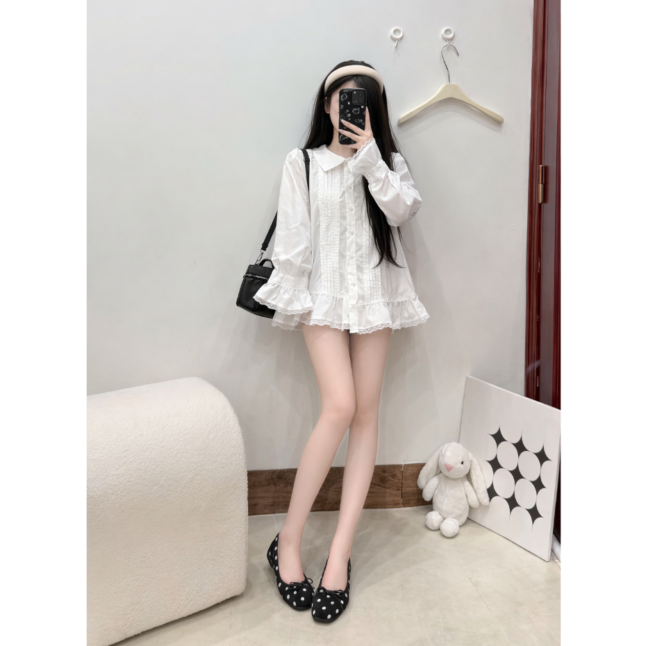 Sơ mi dáng dài giấu quần, áo sơ mi suông ren gấu dễ mặcTAM A99