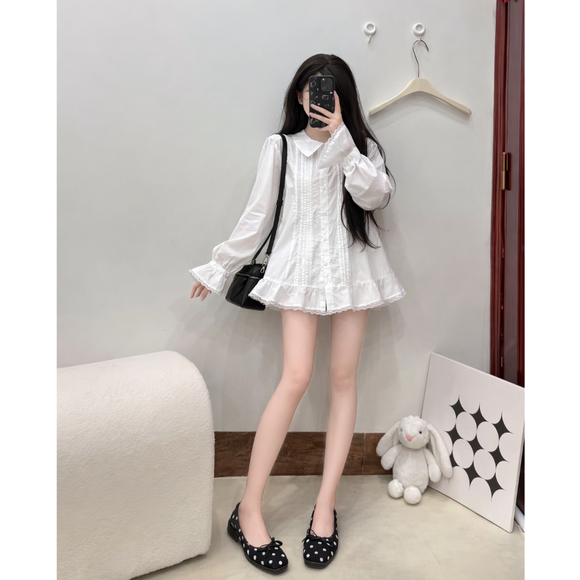 Sơ mi dáng dài giấu quần, áo sơ mi suông ren gấu dễ mặcTAM A99