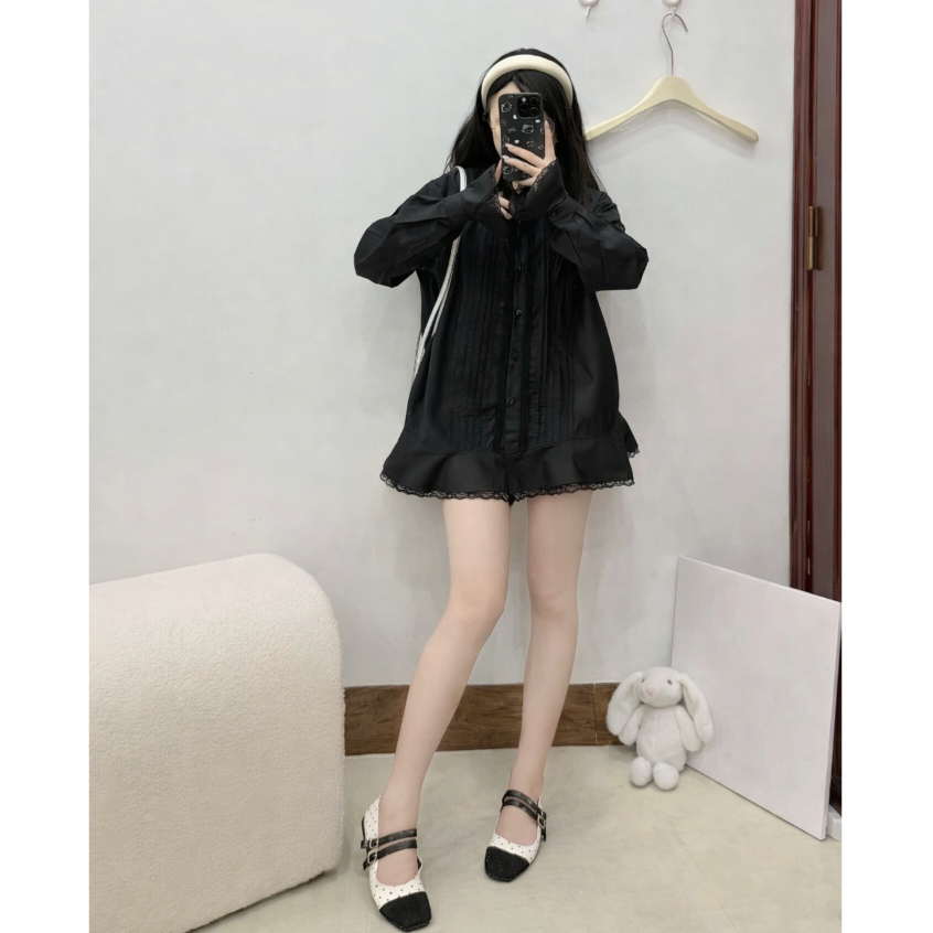 Sơ mi dáng dài giấu quần, áo sơ mi suông ren gấu dễ mặcTAM A99