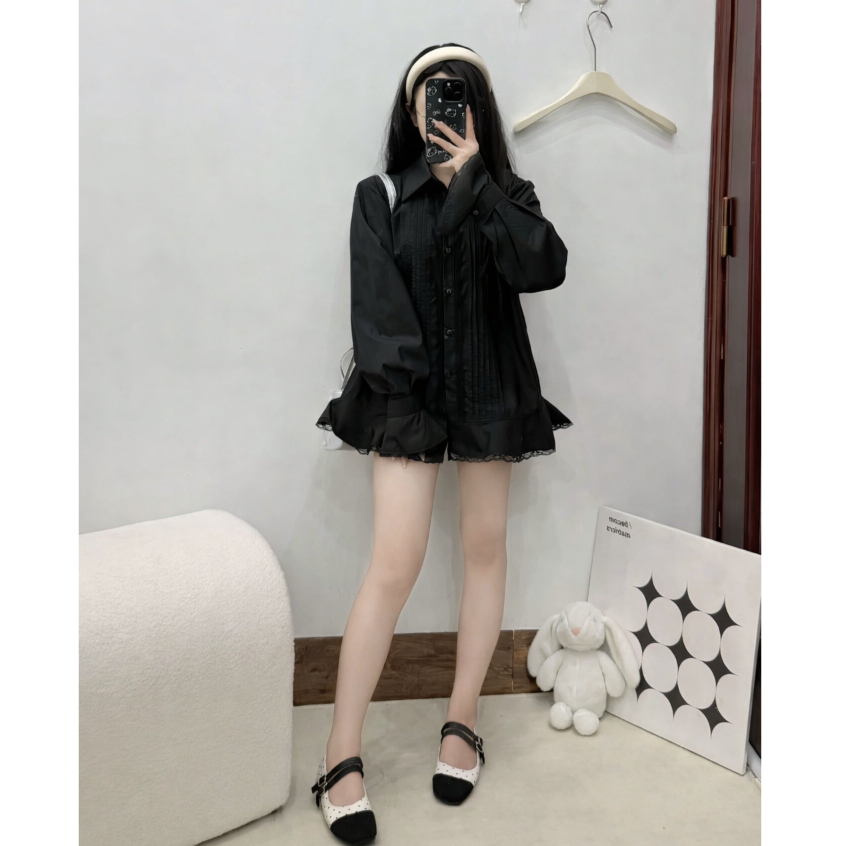 Sơ mi dáng dài giấu quần, áo sơ mi suông ren gấu dễ mặcTAM A99
