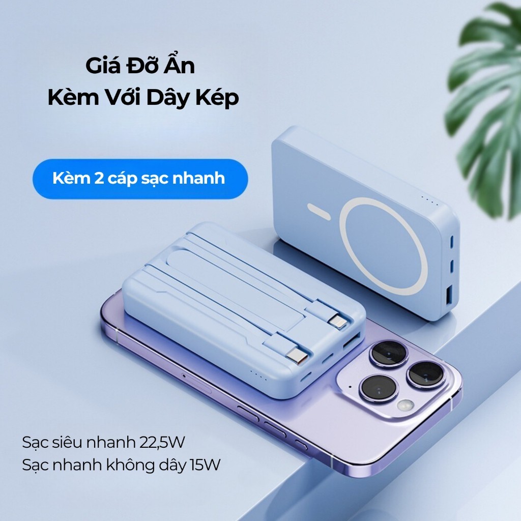 Sạc dự phòng không dây từ tính 10.000mAh,Có sẵn 2 dây sạc - Hít Nam Châm Siêu Chắc