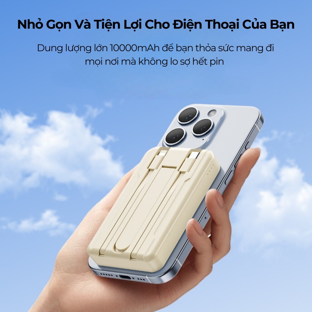 Sạc dự phòng không dây từ tính 10.000mAh,Có sẵn 2 dây sạc - Hít Nam Châm Siêu Chắc