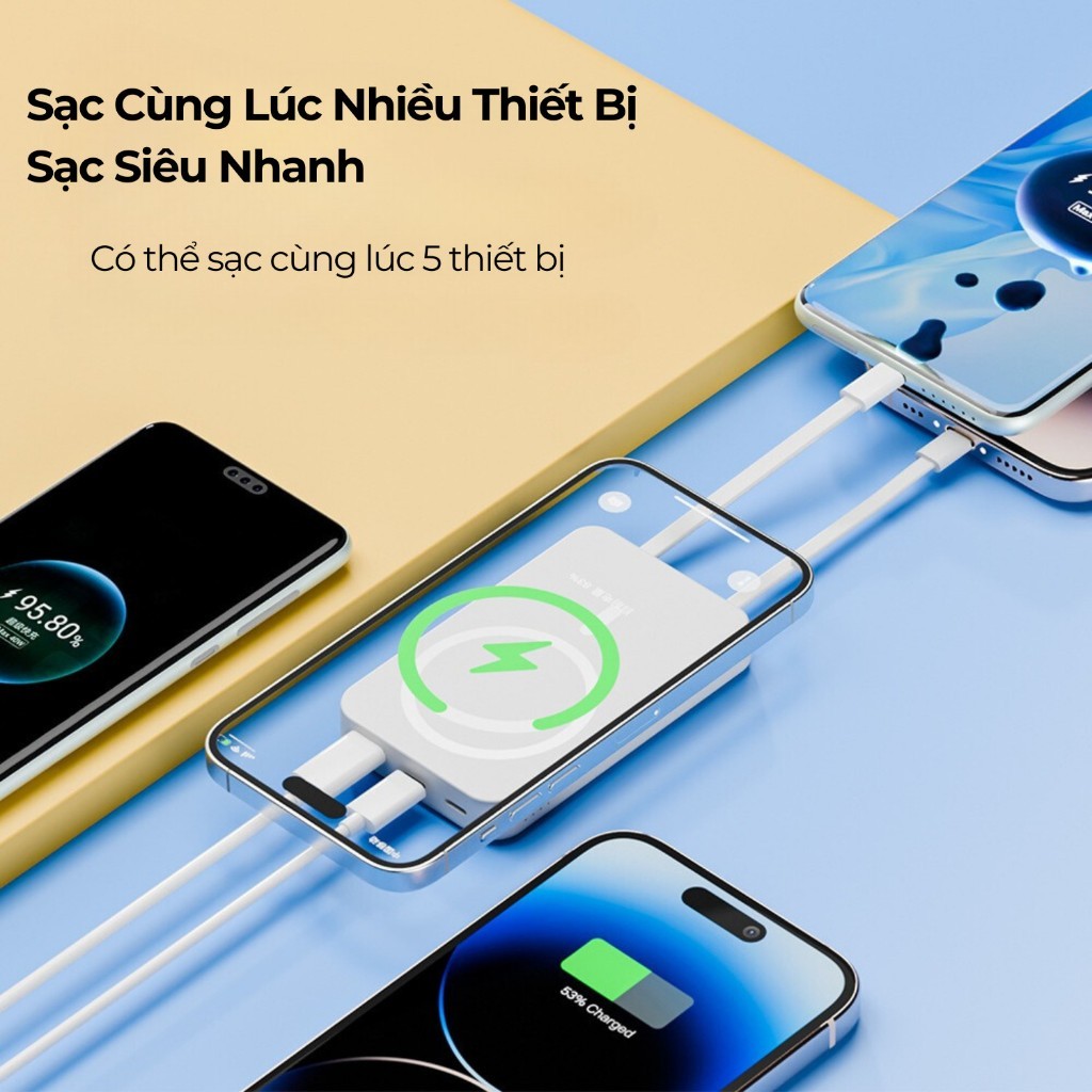 Sạc dự phòng không dây từ tính 10.000mAh,Có sẵn 2 dây sạc - Hít Nam Châm Siêu Chắc