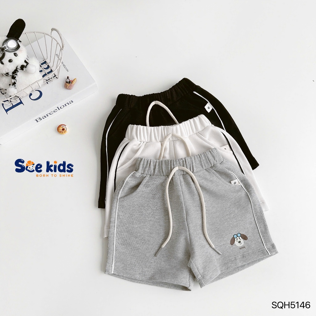 Quần đùi da các in hoạ tiết cún cho bé trai, quần shorts phối lé sườn khoẻ khoắn cho bé