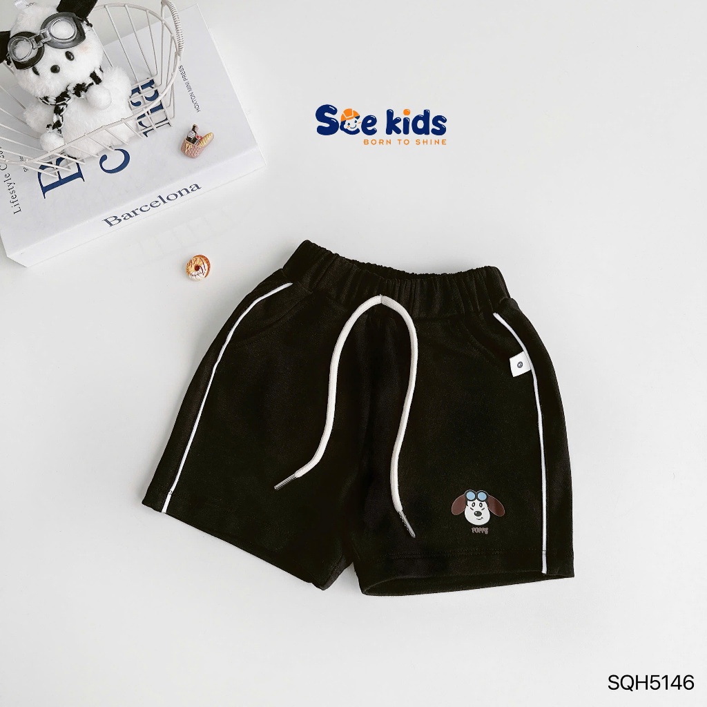 Quần đùi da các in hoạ tiết cún cho bé trai, quần shorts phối lé sườn khoẻ khoắn cho bé