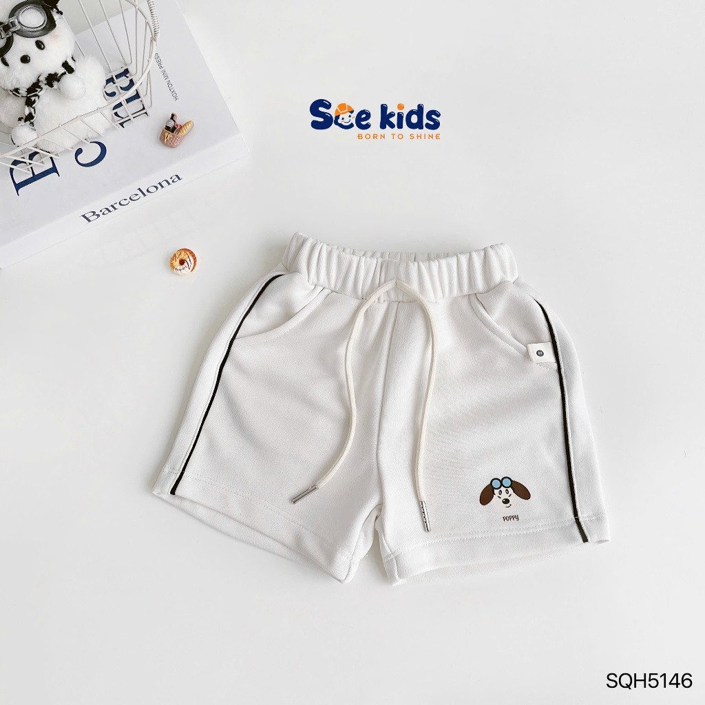 Quần đùi da các in hoạ tiết cún cho bé trai, quần shorts phối lé sườn khoẻ khoắn cho bé