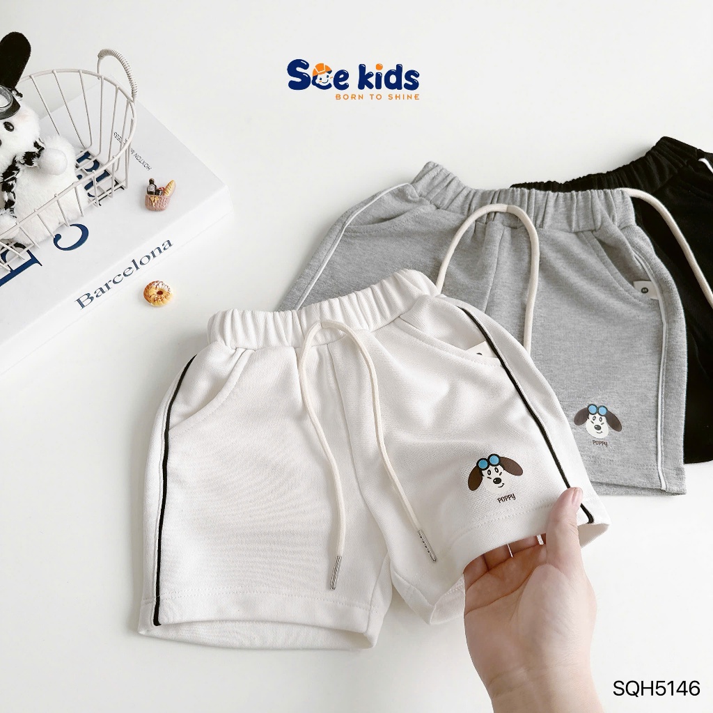 Quần đùi da các in hoạ tiết cún cho bé trai, quần shorts phối lé sườn khoẻ khoắn cho bé