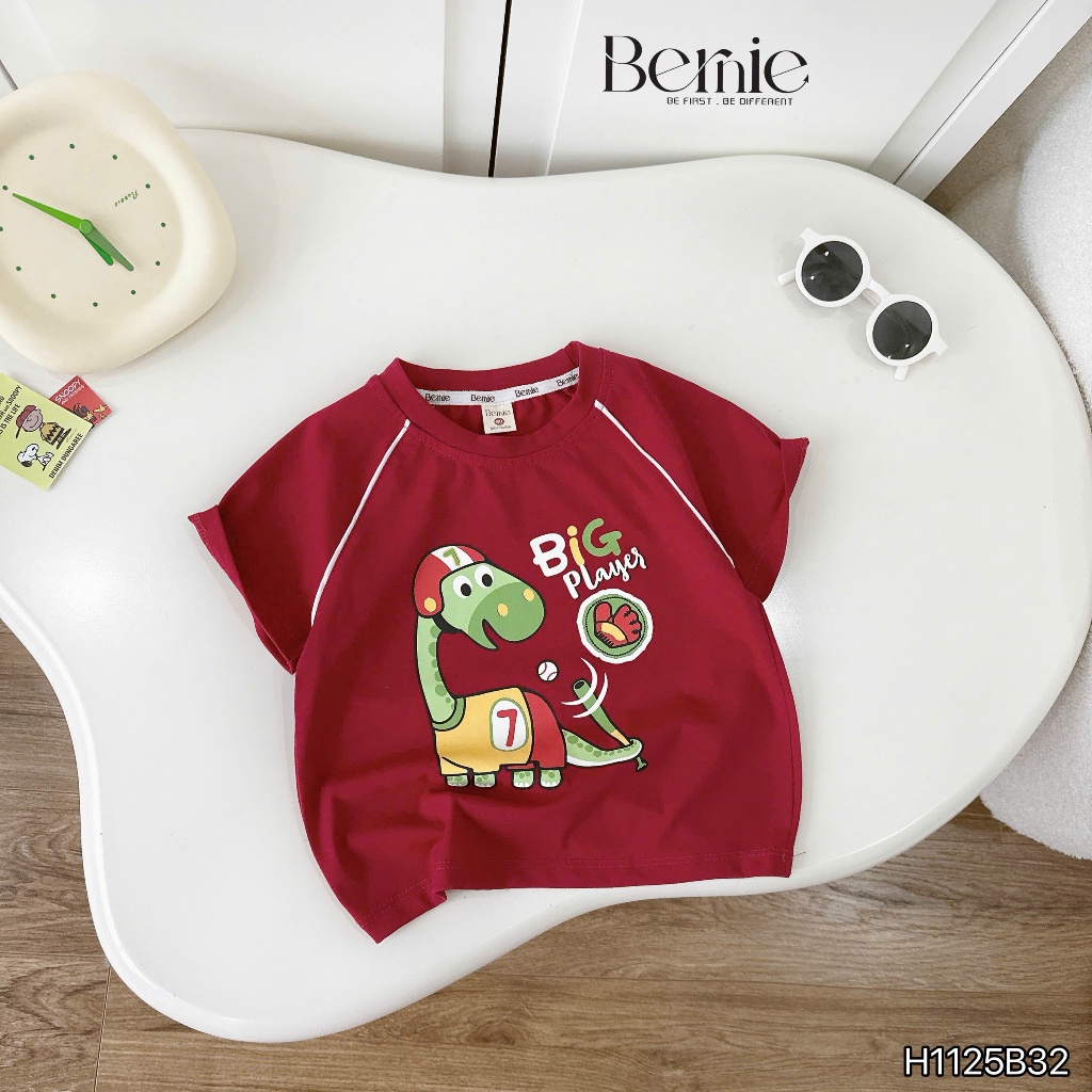 Bộ cotton cộc khủng long big player phối quần kaki, bộ thun cổ tròn in hoạ tiết phối quần kaki trắng