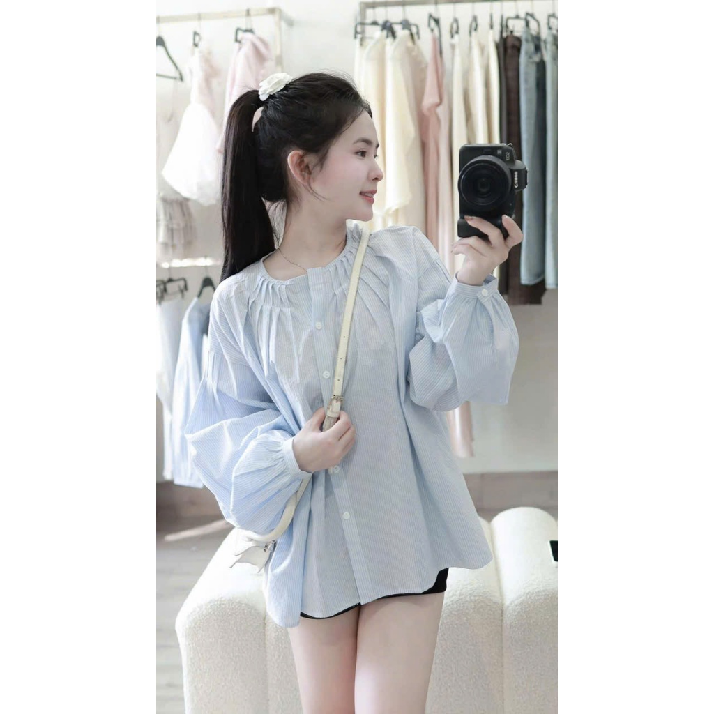 Sơ mi kẻ cổ tròn xếp ly, tay dài, áo kiều nữ xinh xắn TAM A101