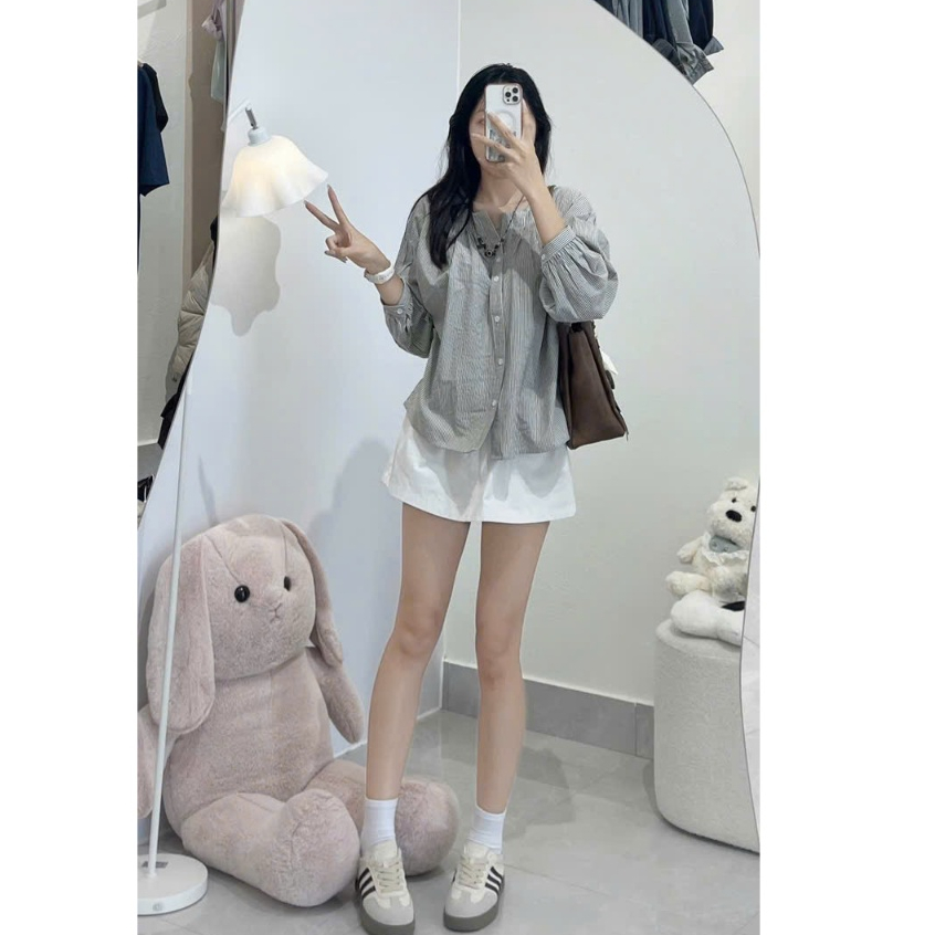 Sơ mi kẻ cổ tròn xếp ly, tay dài, áo kiều nữ xinh xắn TAM A101