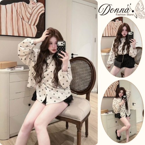 Áo sơ mi nữ, áo kiểu nữ DONNA HCOM27086 tay bồng dáng babydoll hoạ tiết chấm bi hot trend