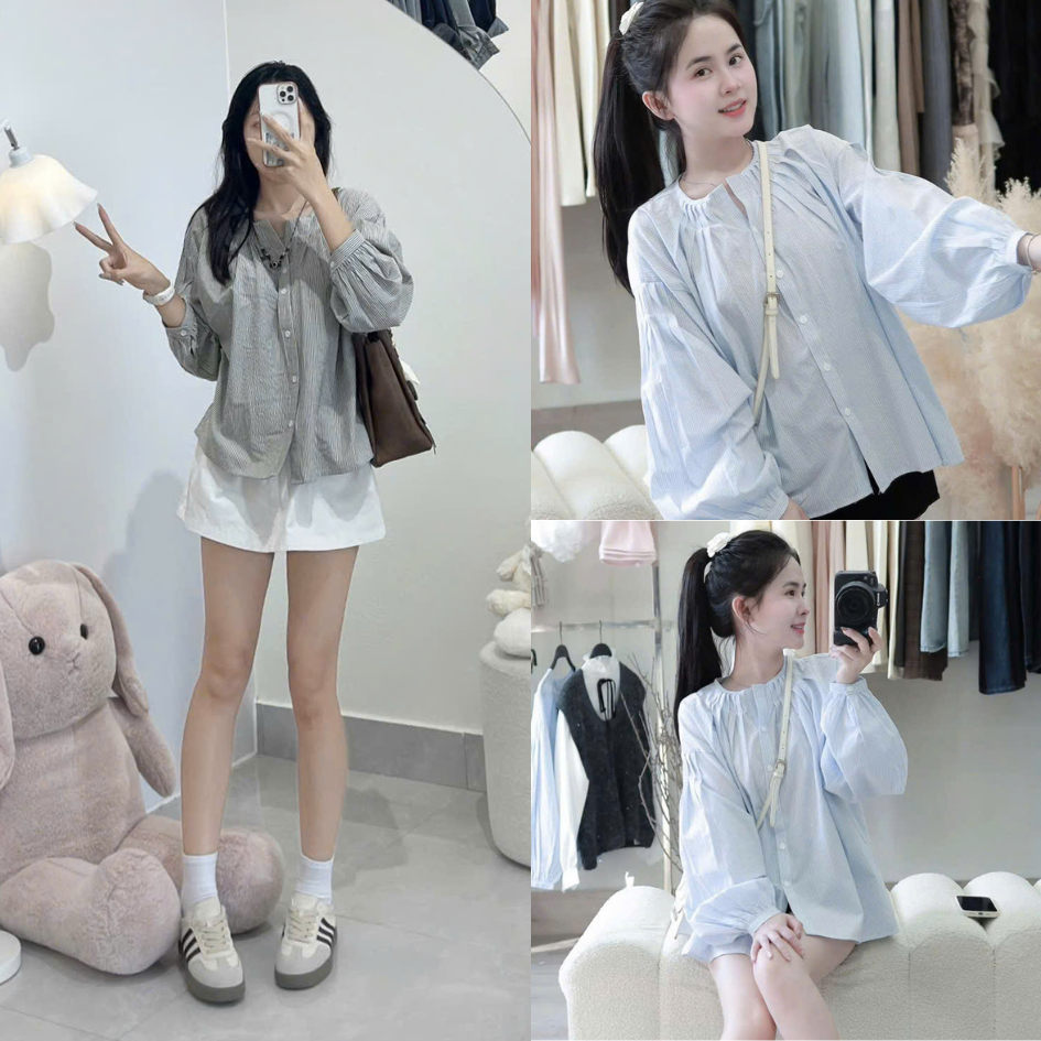 Sơ mi kẻ cổ tròn xếp ly, tay dài, áo kiều nữ xinh xắn TAM A101