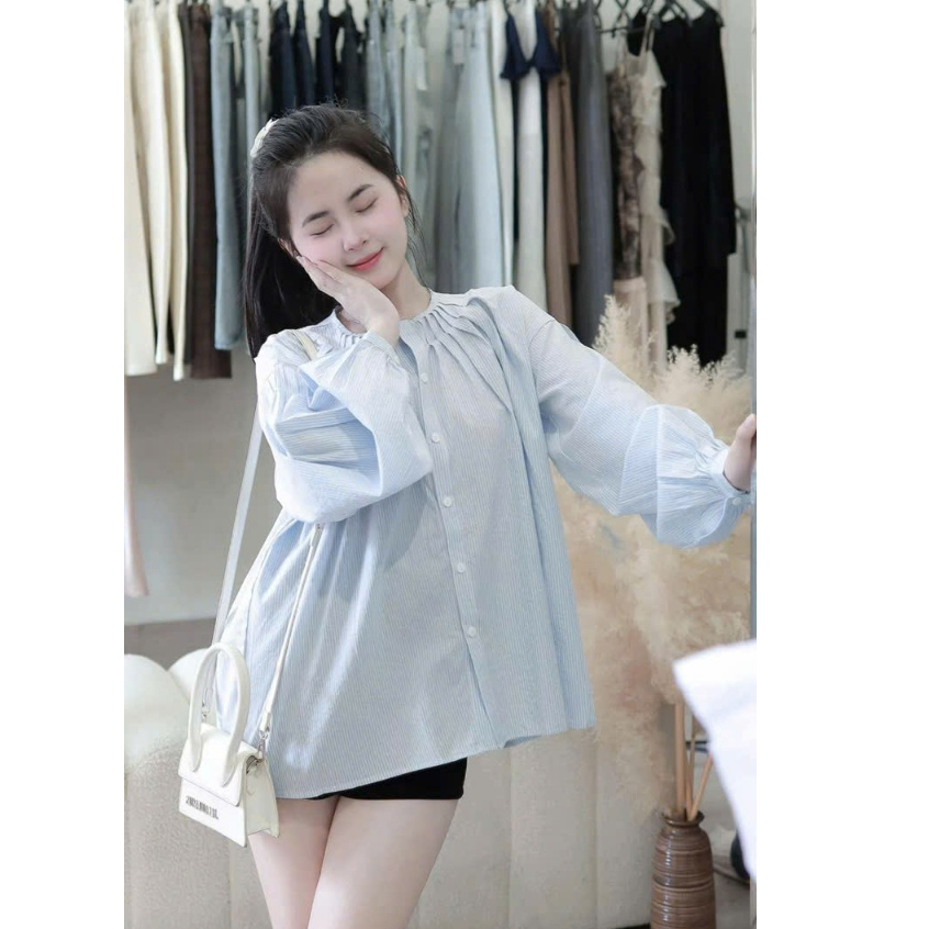 Sơ mi kẻ cổ tròn xếp ly, tay dài, áo kiều nữ xinh xắn TAM A101