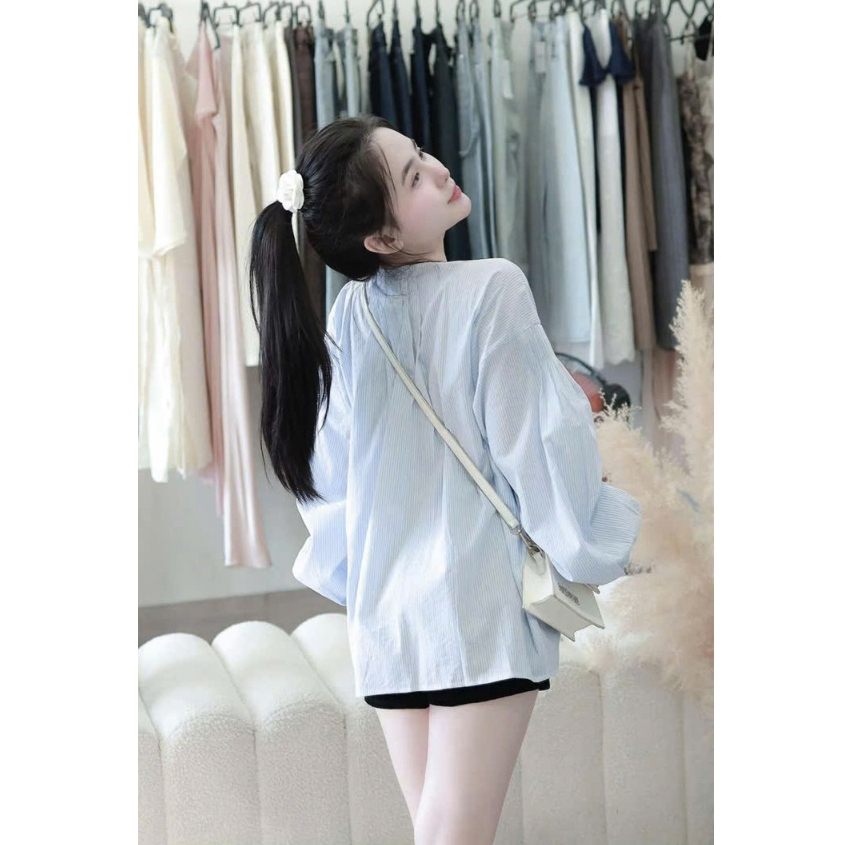 Sơ mi kẻ cổ tròn xếp ly, tay dài, áo kiều nữ xinh xắn TAM A101