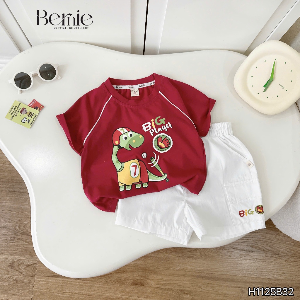 Bộ cotton cộc khủng long big player phối quần kaki, bộ thun cổ tròn in hoạ tiết phối quần kaki trắng