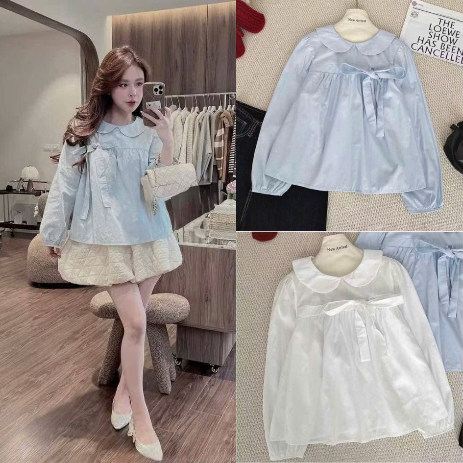 Áo sơ mi nữ babydoll cổ sen đính nơ lệch, áo kiểu nữ chất thô mềm TAM A102