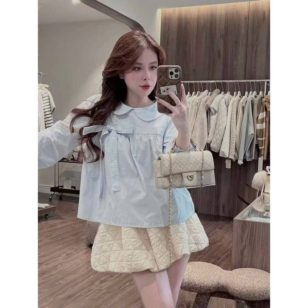 Áo sơ mi nữ babydoll cổ sen đính nơ lệch, áo kiểu nữ chất thô mềm TAM A102