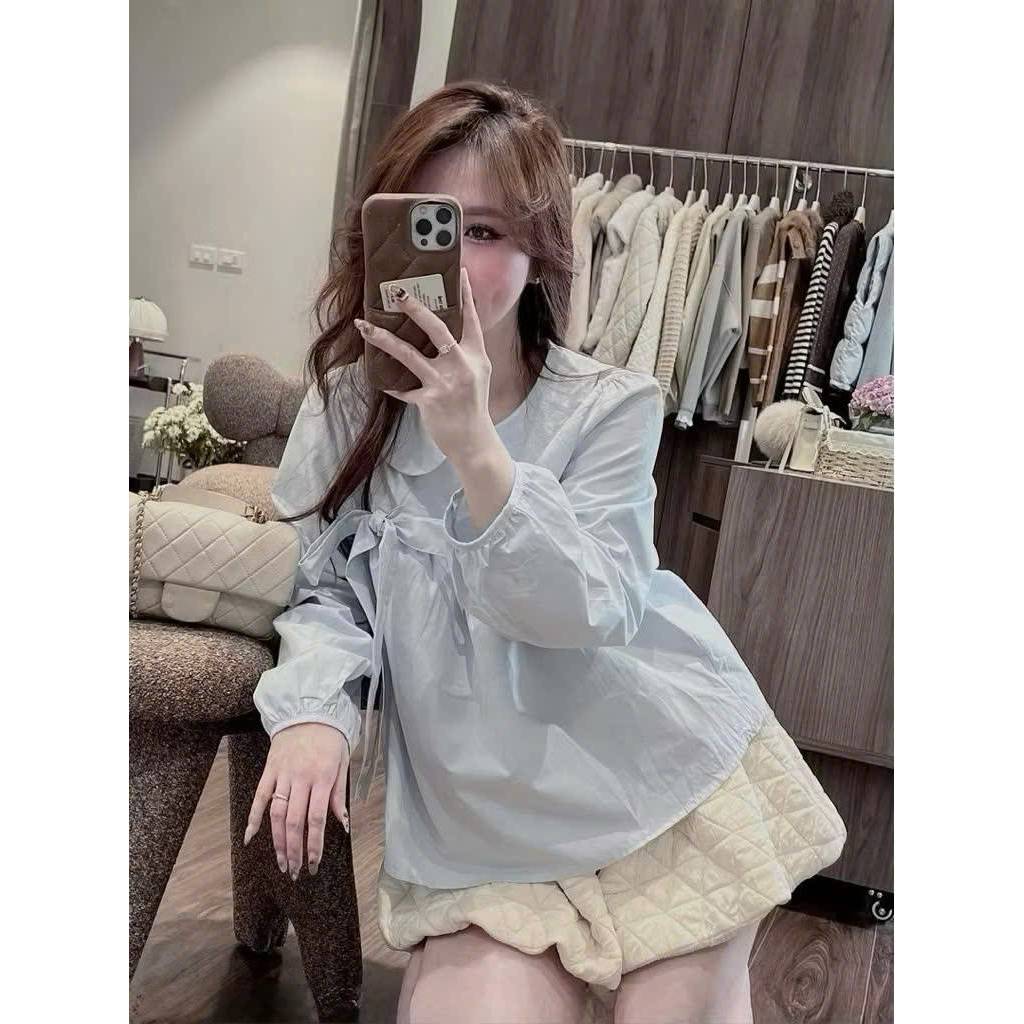 Áo sơ mi nữ babydoll cổ sen đính nơ lệch, áo kiểu nữ chất thô mềm TAM A102