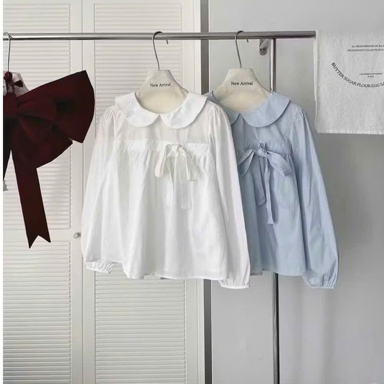 Áo sơ mi nữ babydoll cổ sen đính nơ lệch, áo kiểu nữ chất thô mềm TAM A102
