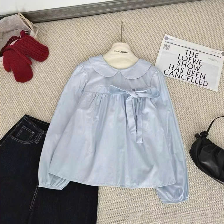 Áo sơ mi nữ babydoll cổ sen đính nơ lệch, áo kiểu nữ chất thô mềm TAM A102