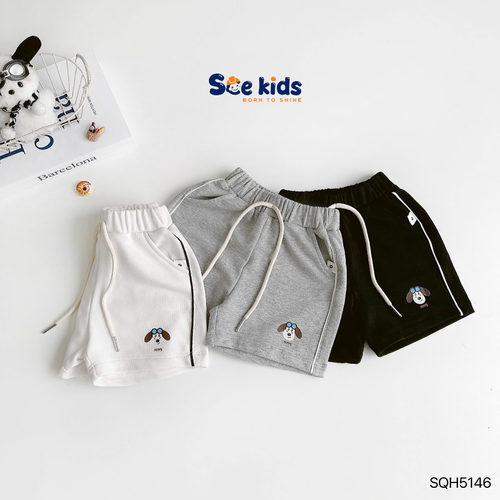 Quần đùi da các in hoạ tiết cún cho bé trai, quần shorts phối lé sườn khoẻ khoắn cho bé
