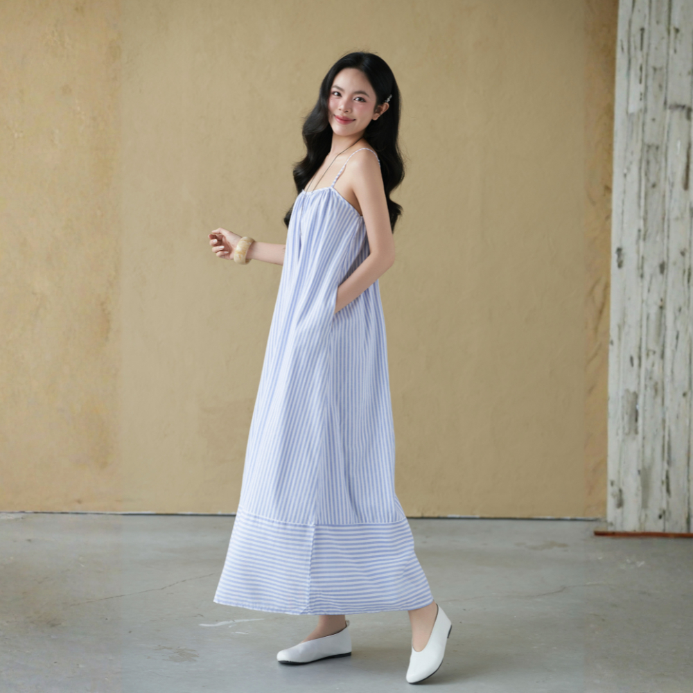 Đầm hai dây maxi sọc Osine Miều Est.2013 đầm hè dáng suông chất vải cotton sọc