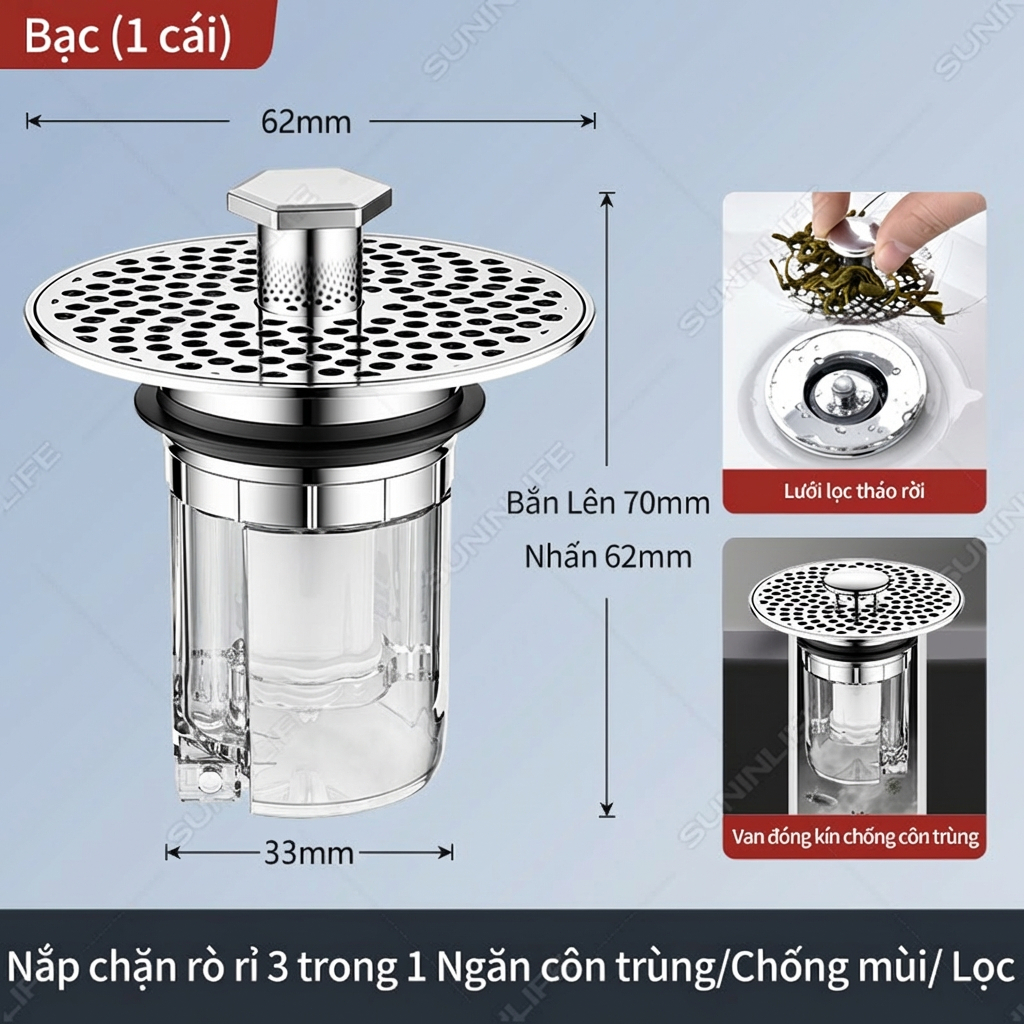 Nút Nhấn Xả Lavabo Ngăn Mùi Hôi Chống Côn Trùng Mặt Inox Bóng Lọc Rác Chống Tắc Phù Hợp Lỗ 33–40mm