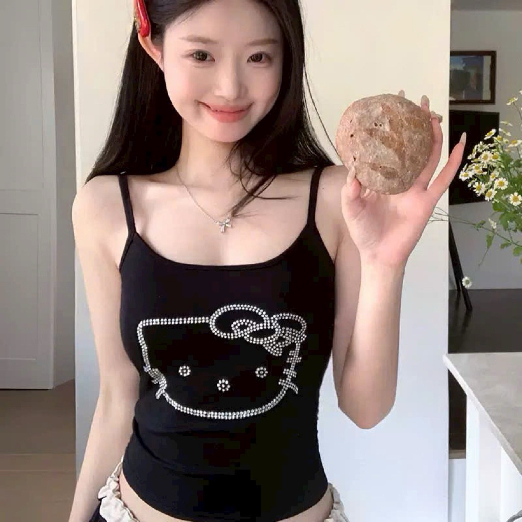 Áo bra 2 dây cotton đính đá hoạ tiết mèo 724
