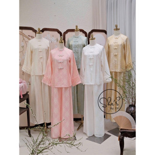 Set Phật Tử Lụa Nhũ Tay Xếp Ly Cúc Ngọc Mix Quần Suông Chuẩn She’s