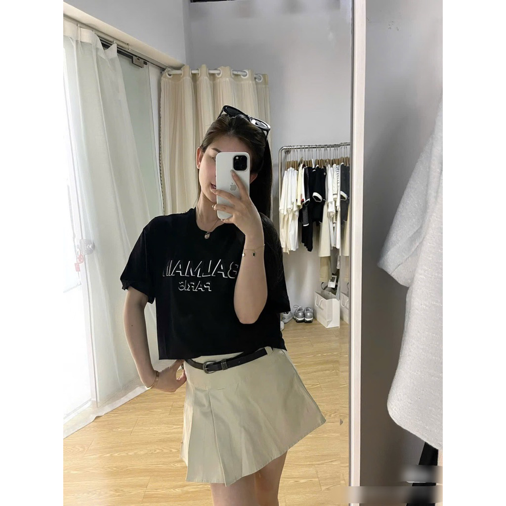 Áo thun croptop BM xanh coban trắng đen