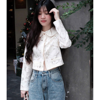 [A0.309] Áo Sơmi Ren Cổ Sen Khuy Đá Tiểu Thư Sang Chảnh Dáng Croptop