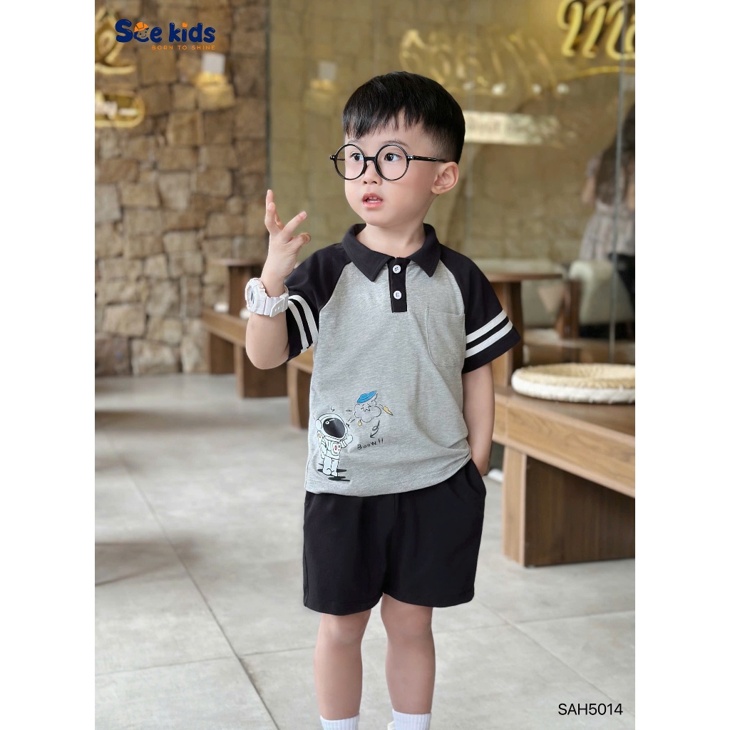 Bộ polo zaclang phối dây dệt in hình vũ trụ, bộ thun cổ đức in hoạ tiết mềm mát cho bé trai