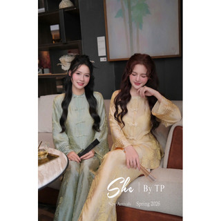 Set Phật Tử Lụa Nhũ Tay Xếp Ly Cúc Ngọc Mix Quần Suông Chuẩn She’s