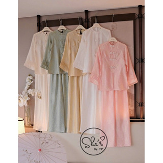 Set Phật Tử Lụa Nhũ Tay Xếp Ly Cúc Ngọc Mix Quần Suông Chuẩn She’s