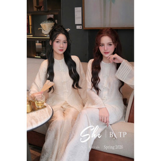 Set Phật Tử Lụa Nhũ Tay Xếp Ly Cúc Ngọc Mix Quần Suông Chuẩn She’s