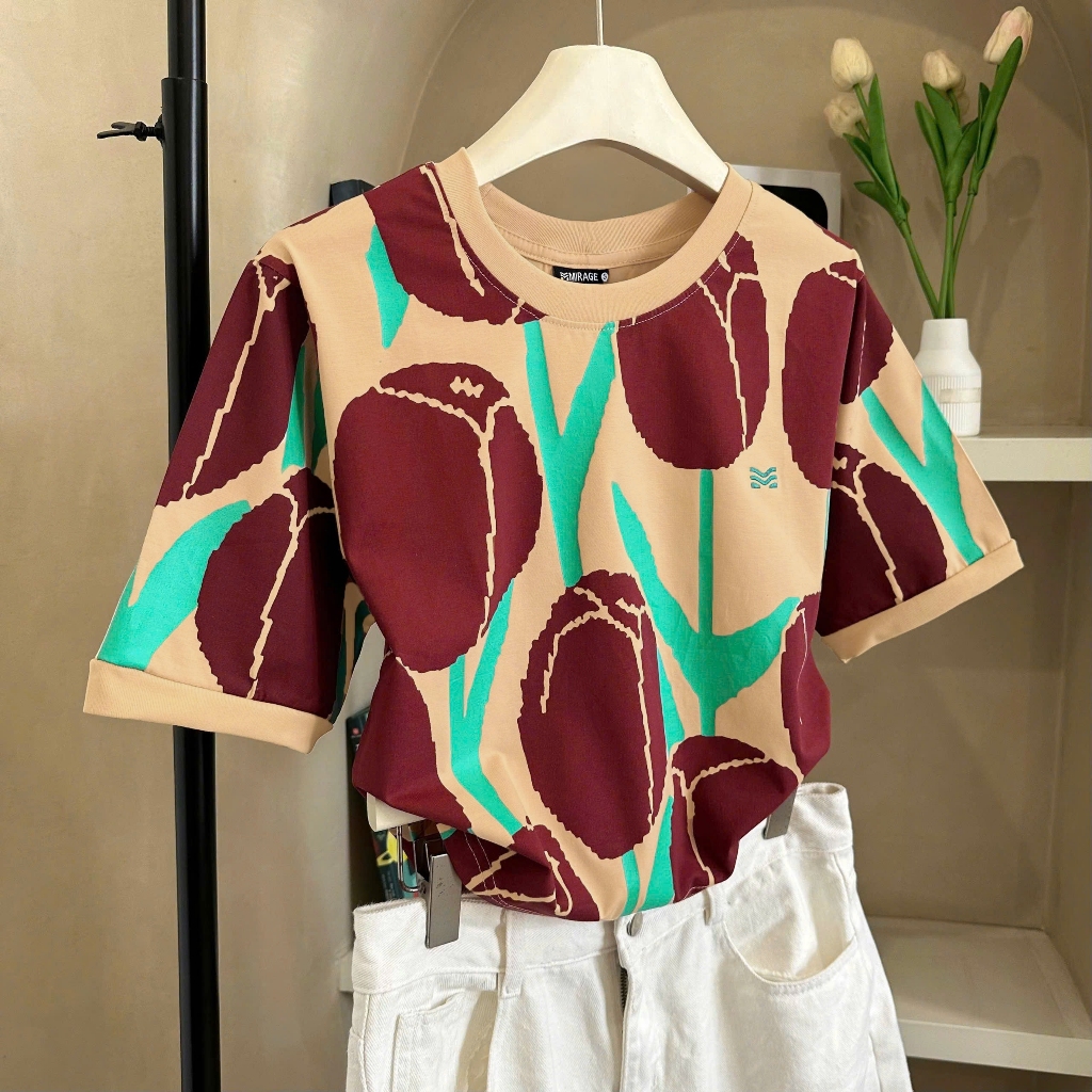 Áo Thun Phối Hoa Tulip Nâu Thanh Lịch, Chất Cotton Mềm Mịn, Có Kèm Hình Thật.
