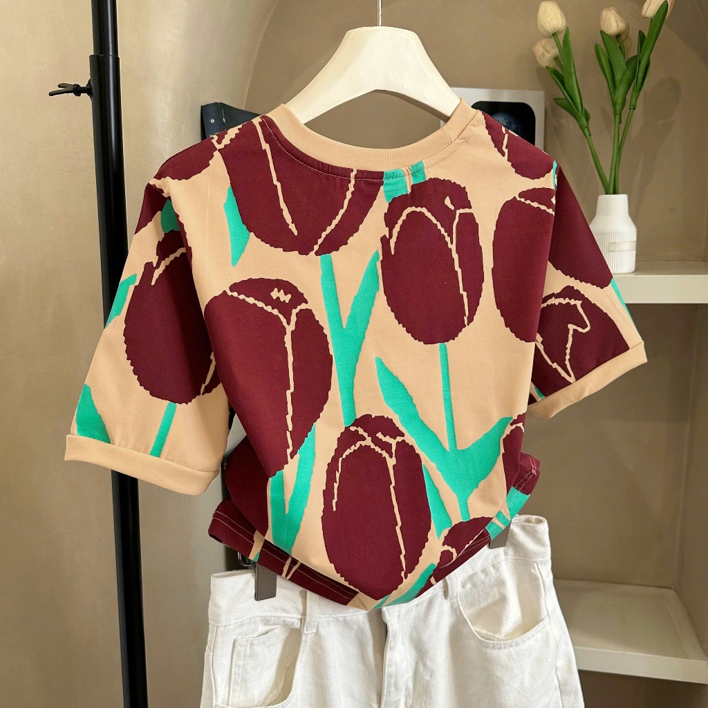 Áo Thun Phối Hoa Tulip Nâu Thanh Lịch, Chất Cotton Mềm Mịn, Có Kèm Hình Thật.