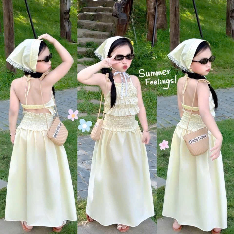 Sét váy maxi dáng dài dịu dàng cho bé, sét bộ 3 món áo dây nhún eo kèm khăn buộc đầu mẹ và bé sét đồ thơi trang đi biển