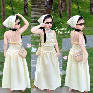 Set váy maxi bé gái áo bèo nhún phối mũ dễ thương cho mẹ và bé sét đồ phong cách Hàn Quốc mùa hè mẹ và bé diện đi biển