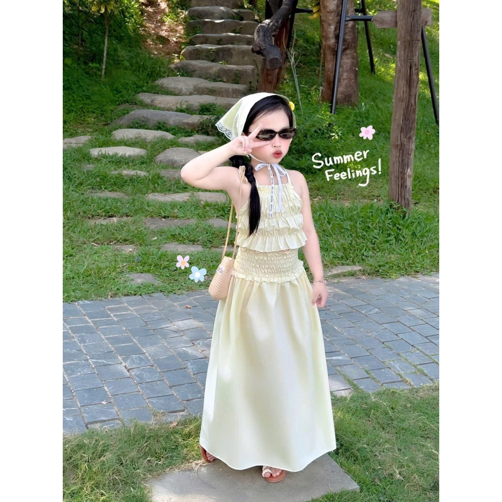 Sét váy maxi dáng dài dịu dàng cho bé, sét bộ 3 món áo dây nhún eo kèm khăn buộc đầu mẹ và bé sét đồ thơi trang đi biển