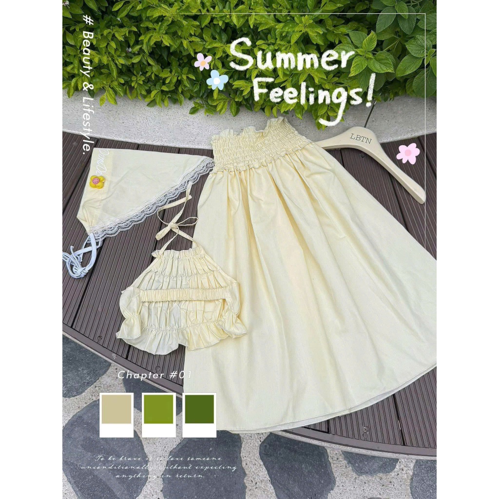 Sét váy maxi dáng dài dịu dàng cho bé, sét bộ 3 món áo dây nhún eo kèm khăn buộc đầu mẹ và bé sét đồ thơi trang đi biển