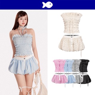 Set đồ nữ áo ống nhún và chân váy bí DKMV màu xanh dương, xám, hồng phối sọc có thắt nơ đáng yêu Striped Pumpkin |K-SET2