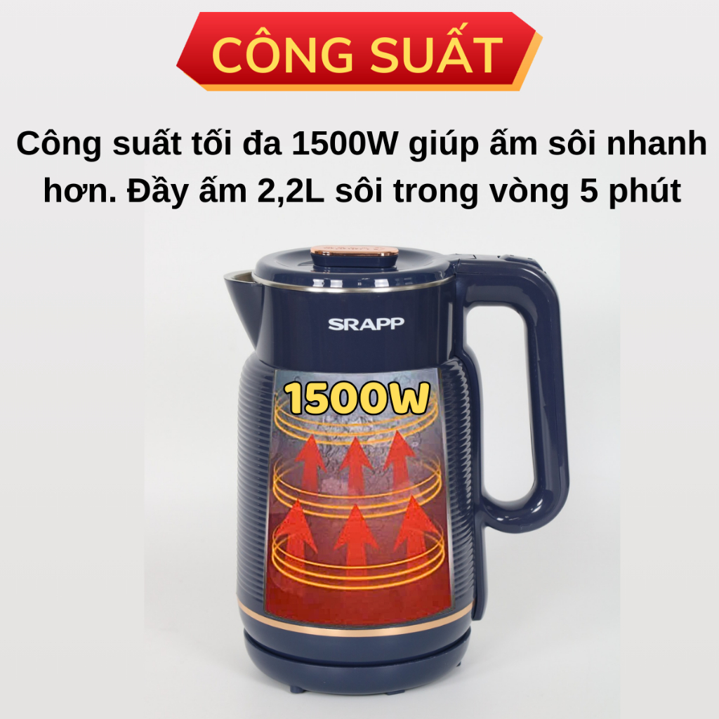 Ấm siêu tốc SRAPP ST-255 dung tích 2,2L ấm đun nước công suất 1500W tự ngắt khi sôi cực tiện lợi
