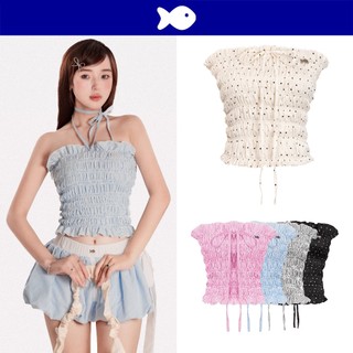 Áo ống kiểu nhún cột nơ DKMV họa tiết caro nhí ôm dáng viền bèo đáng yêu Striped Pumpkin Croptop | K-SET2-T