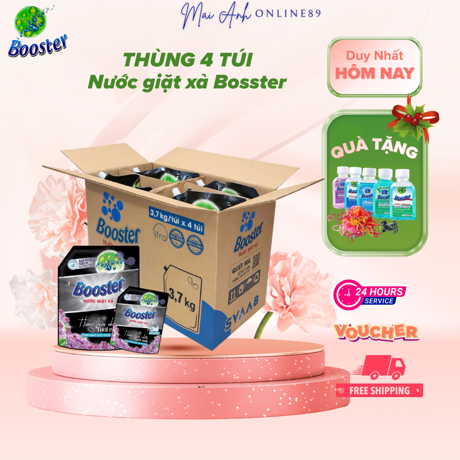 [MỚI] Thùng 4 túi nước giặt xả Bosster thiên nhiên tươi mát 3.7kg, Đậm đặc sạch mạnh, thơm lâu