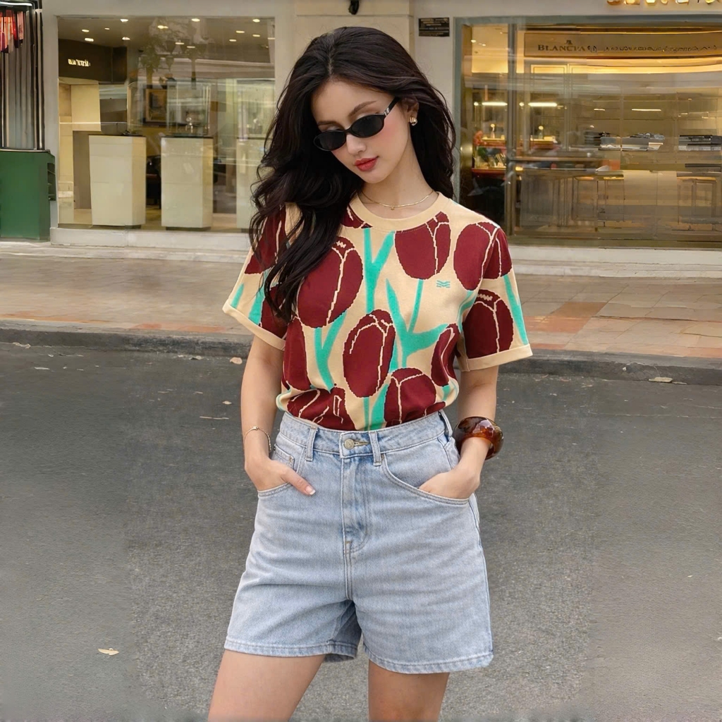 Áo Thun Phối Hoa Tulip Nâu Thanh Lịch, Chất Cotton Mềm Mịn, Có Kèm Hình Thật.